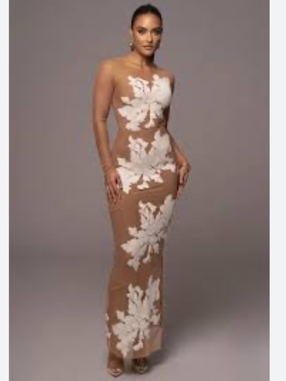 JLUXLABEL Tan Maxi skirt with White Floral Appliqué